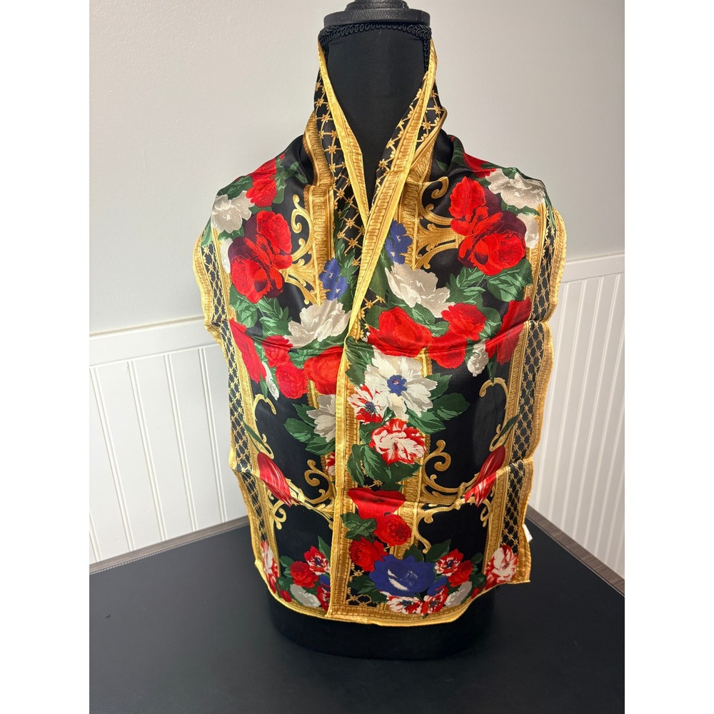 Liz Claiborne Vintage 100% Silk Scarf Floral Baroque Red Gold Black 50x10 Japan